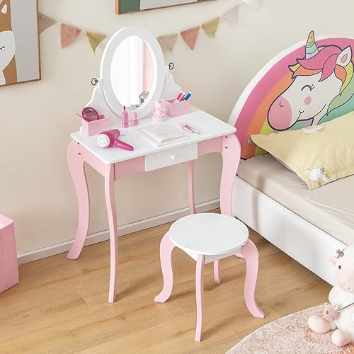 Miniatura 6 de INFANS Tocador para niños con espejo giratorio de 360° y tablero de dibujo, tocador de maquillaje de princesa 2 en 1 y taburete con accesorios,
