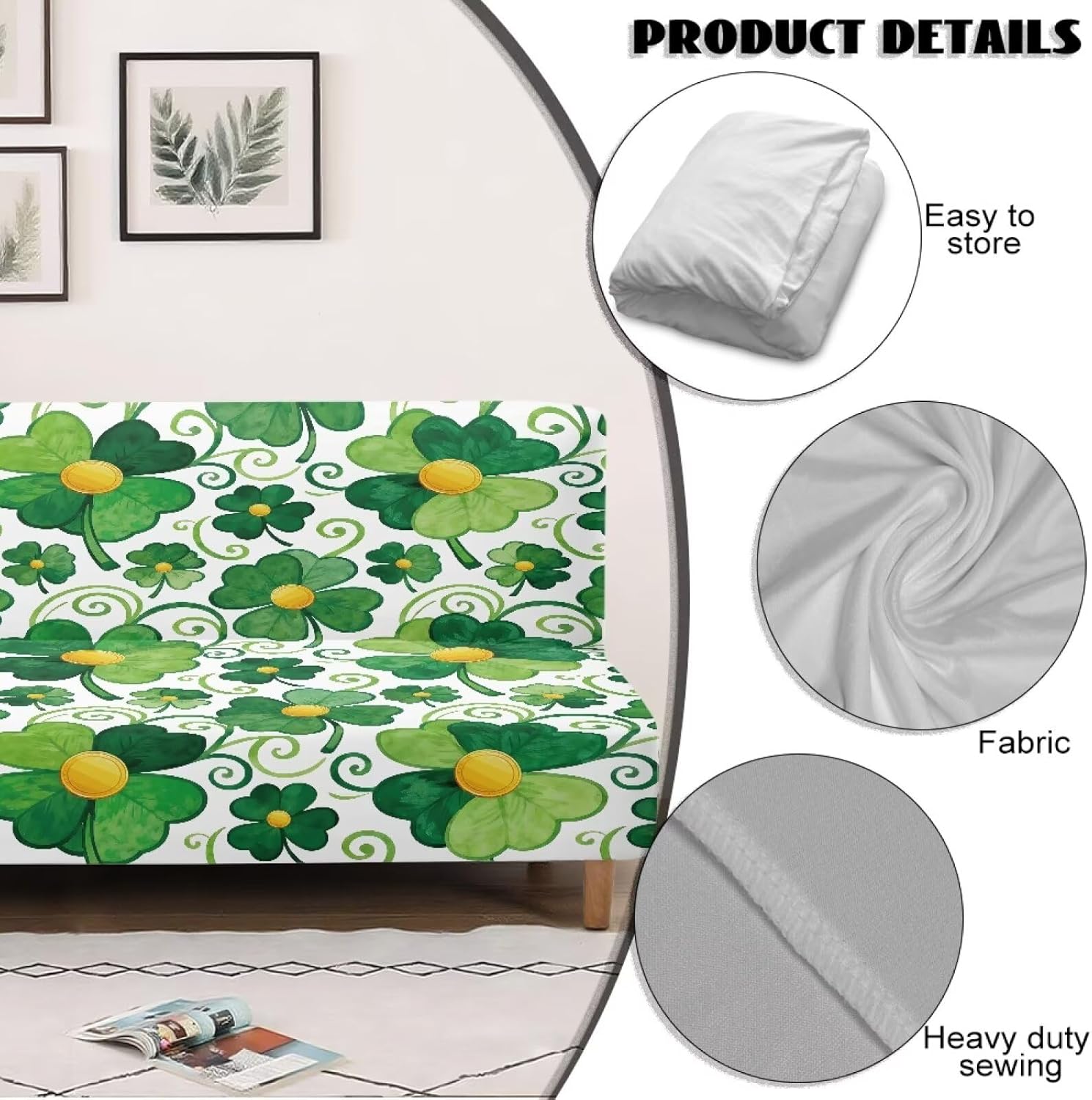 Suobstales Purple Flower Horse Pattern Futon Cover Couch Cover Armless Sofa Cover St. Patrick's Day Decor, Foldable Sofa Bed Slipcover Without Armrest, Universal Sofa Slipcovers Furniture Protector