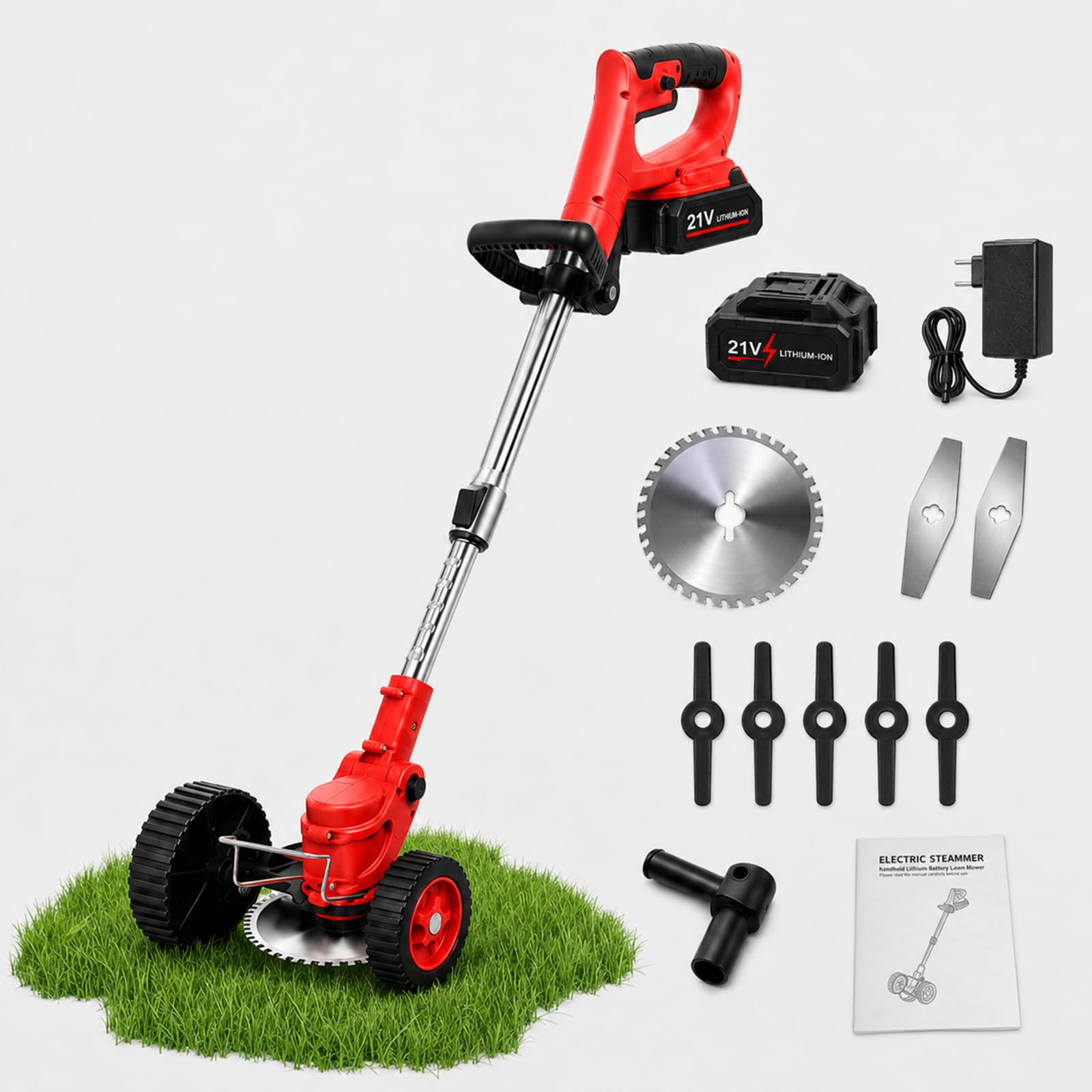 Cortahierbas a Batería con Barra Metálica Telescópica y Mango Auxiliar Red-15-CellBattery | El tubo se extiende para mejorar la postura y se acorta para facilitar el transporte y el almacenamiento