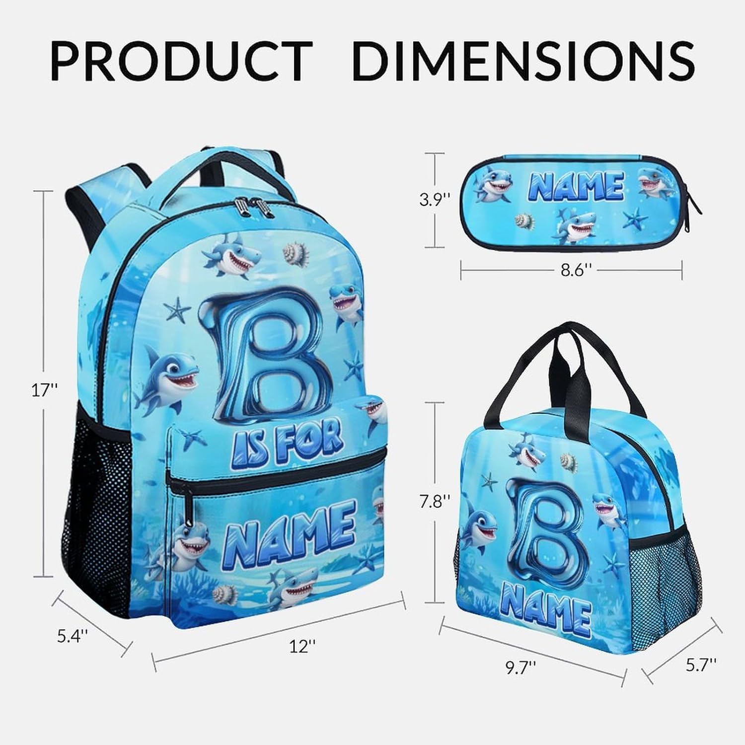 Customized Backpack Set for Boys - Shark Schoolbag for Kids, Durable Toddler School Bookbag with Adjustable Straps - Image 2