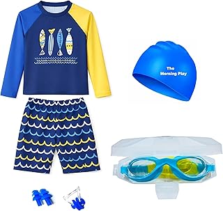 THE MORNING PLAY Boys Swimsuit Set with Long Sleeve Rash Guard,Long Shorts Swim Cap Goggles, Nose Ear Plugs Swimwear for K Price In India