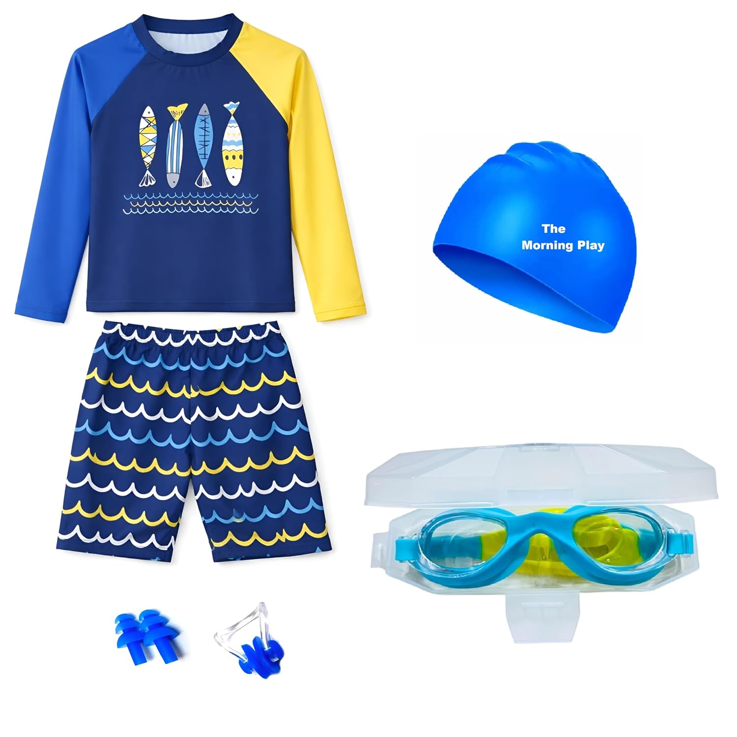 THE MORNING PLAY Boys Swimsuit Set with Long Sleeve Rash Guard,Long Shorts Swim Cap Goggles, Nose Ear Plugs Swimwear for K... - Review, Price and Buying Guide