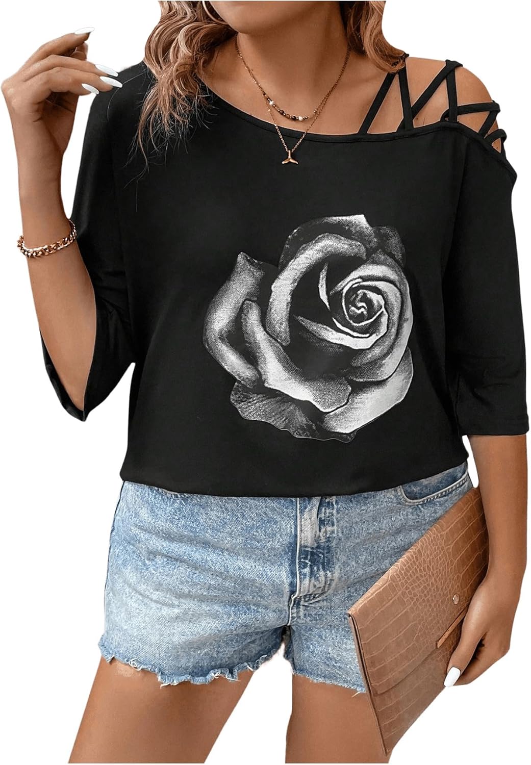 SOLY HUX Women's Plus Size Cut Out Graphic Tees Asymmetrical Neck Half Sleeve Going Out T Shirt Tops 3X-Large Plus Black Floral