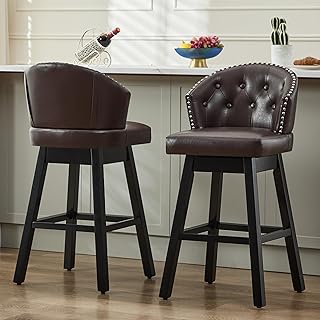 Swivel Bar Stools Set of 2, 29" Counter Height Bar Stools with Backs and Wood Legs, Faux Leather Upholstered bar Chairs for Kitchen Island, Brown (Bancos para Barra de Cocina)