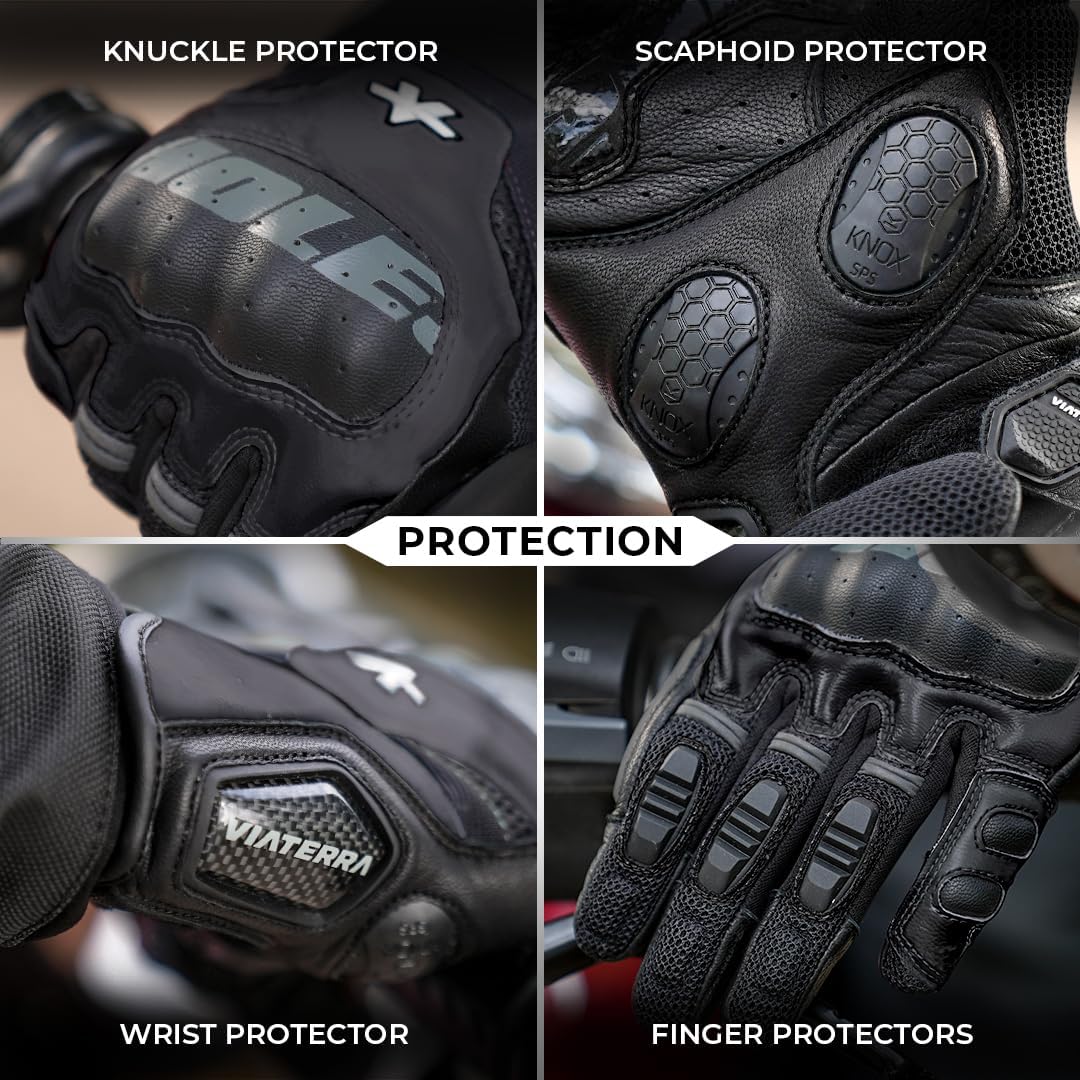ViaTerra Holeshot Pro - Semi Gauntlet Hybrid Riding Gloves |Goatskin Leather |Touchscreen, Knox SPS 303 Palm Protection with Handy Clip Motorcycle Gloves