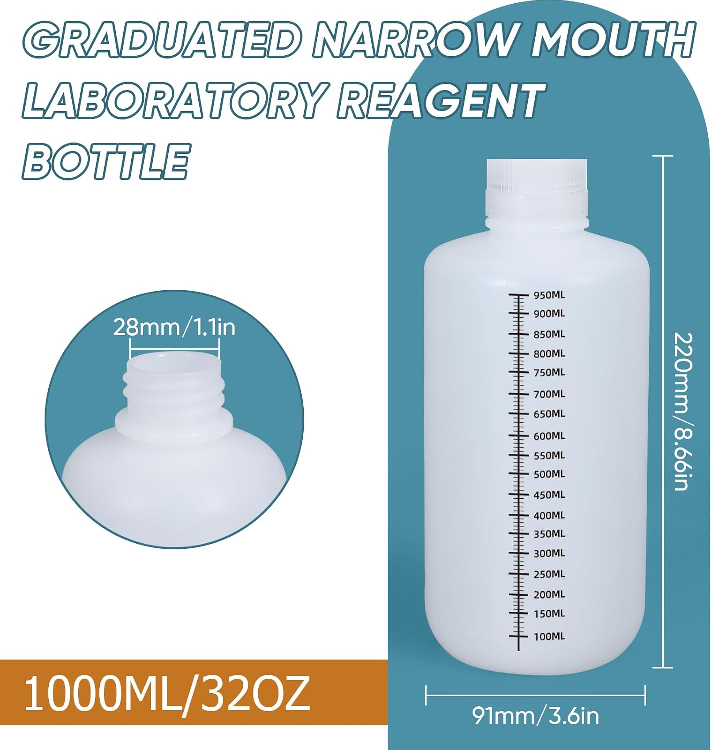 32oz/1000ml Narrow Mouth Plastic Bottles with Caps, HDPE Laboratory Grade Graduated Liquid Containers for Reagent Sample Medicine Water Storage (Translucent, 2 Pcs)