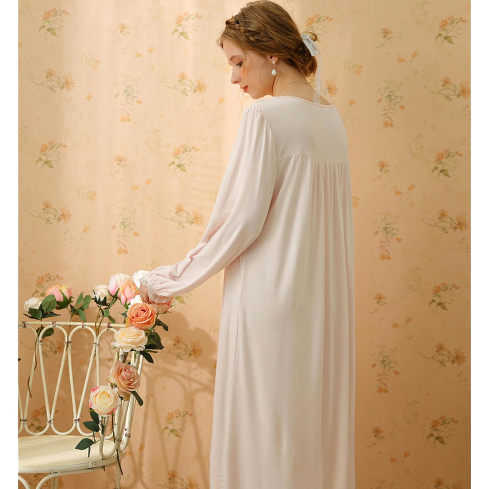 Camicia Notte Donna Princess Nightdress Spring E Autunno A Manica Lunga Cotone Abito da Fata da Fata da Fata Vestiti per La Casa-Rosa-l