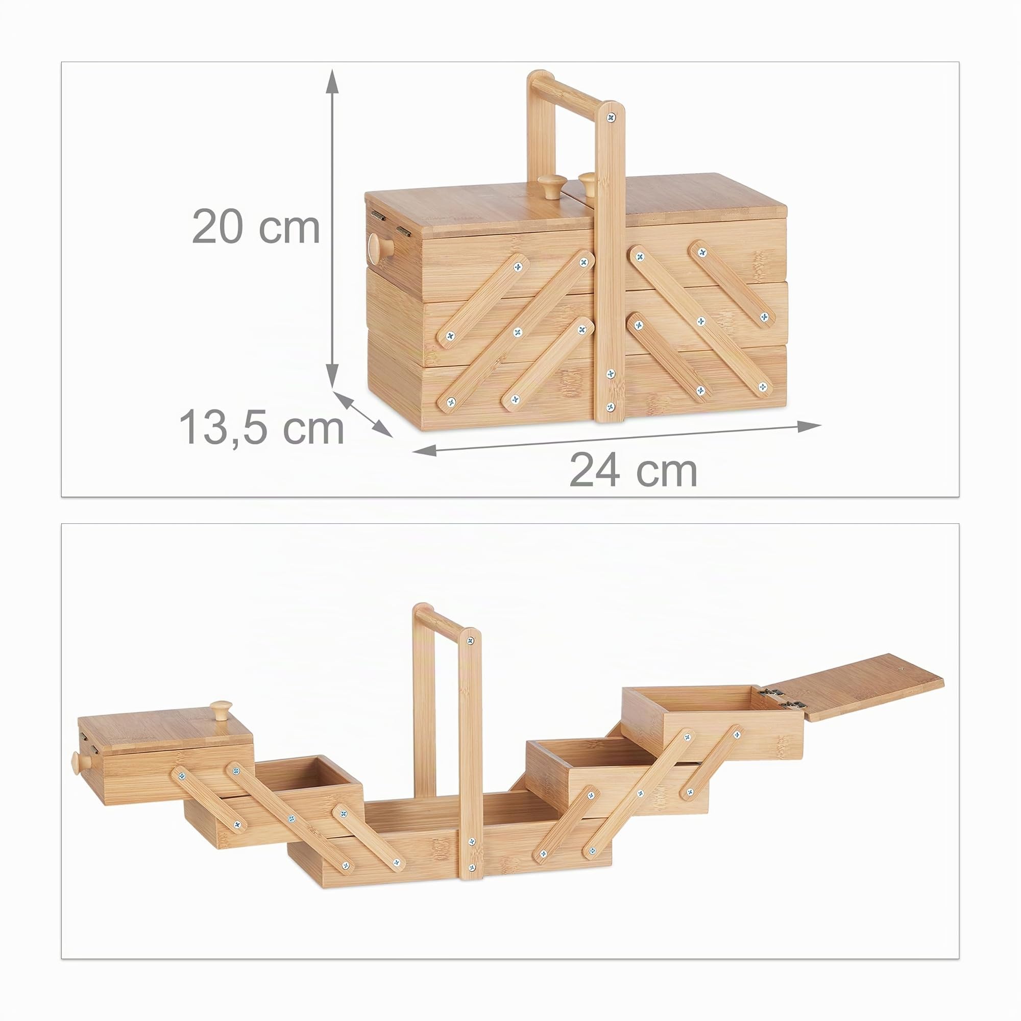 Relaxdays Cestino Cucito Piccolo Bambù Scatola Box Vuoto Porta-cucito Apribile con Coperchio HLP: 20x24x13,5 cm Beige
