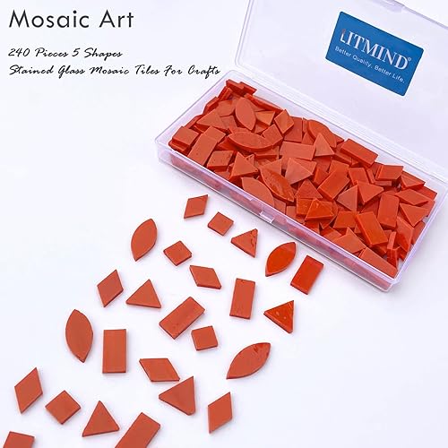 Miniatura 2 de LITMIND Kit de Azulejos de Mosaico de Vidrio Manchado Rojo Naranja para Manualidades - 240 Piezas, 5 Formas Mixtas (Rectángulo, Triángulo, Rombo,