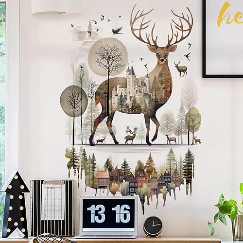Calcomanías de pared de estilo minimalista moderno y minimalista, diseño de alce, ciervo, ciervo, animales de la selva, vinilo extraíble para sala