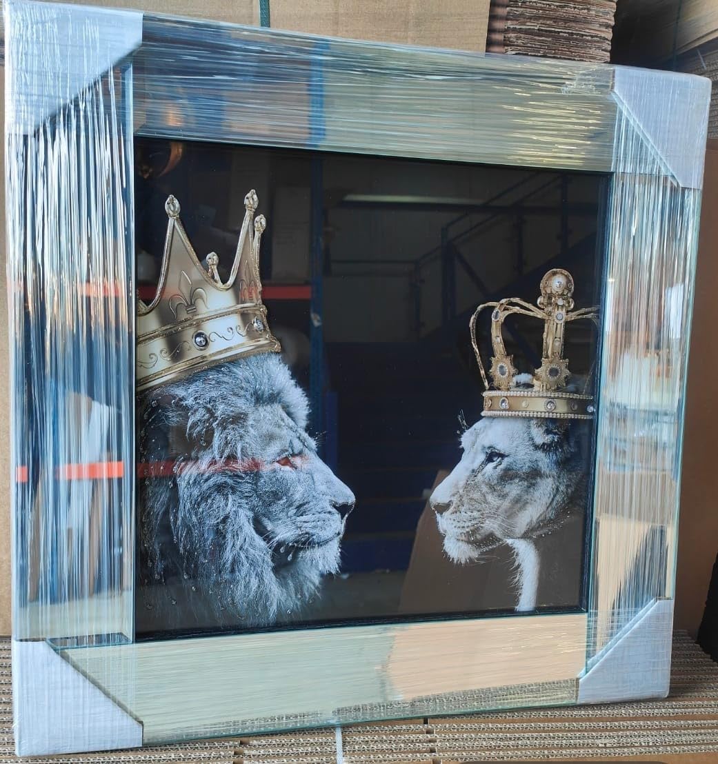 Biznest 3D Liquid Glitter Artwork In Mirrored Frame Lion Royal Family Golden Crown Diamante Wall Mounted Glass King Queen Cubs Black Gold Large Square Hand Made Home Decor 55 Cm (1X KING, 1X QUEEN)