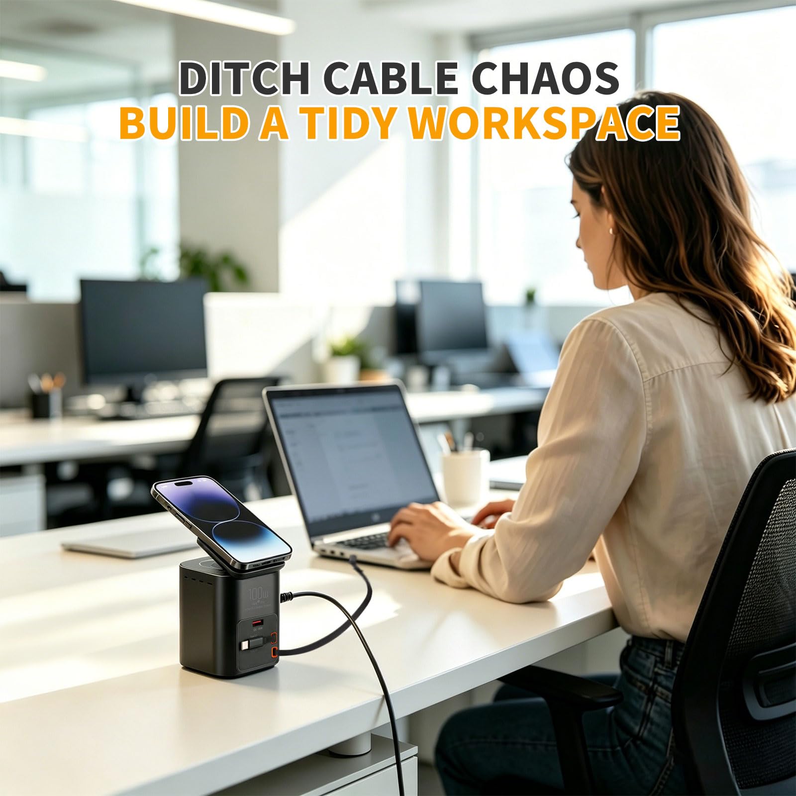 Stazione di ricarica da tavolo multifunzione da 100 W, caricabatterie wireless con doppio cavo USB-C retrattile da 75 cm, USB-A QC3.0, ricarica rapida per laptop, telefoni, auricolari