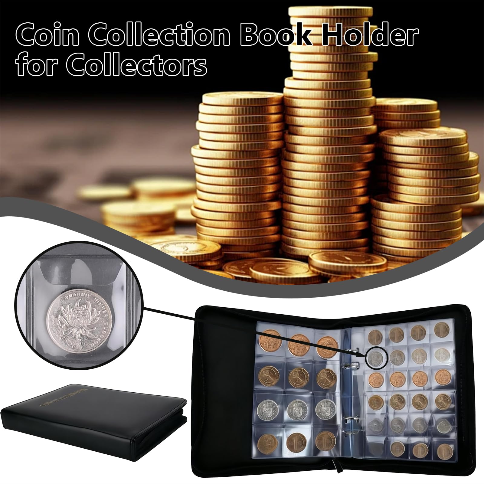 Álbum de colección de monedas para coleccionista, 360 bolsillos con cremallera, 2 páginas de tamaño para monedas de 17/20/23/25/27/30 mm, adecuado para suministros de colección de monedas, centavos