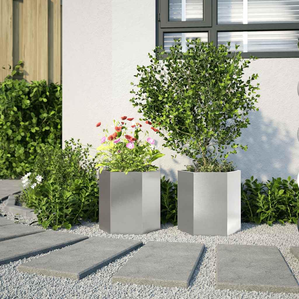 Jardineras de jardín de 2 piezas negras hexagonales de acero inoxidable para plantas, flores y hierbas aromáticas con diseño elevado y abierto para drenaje, ideal para huerto