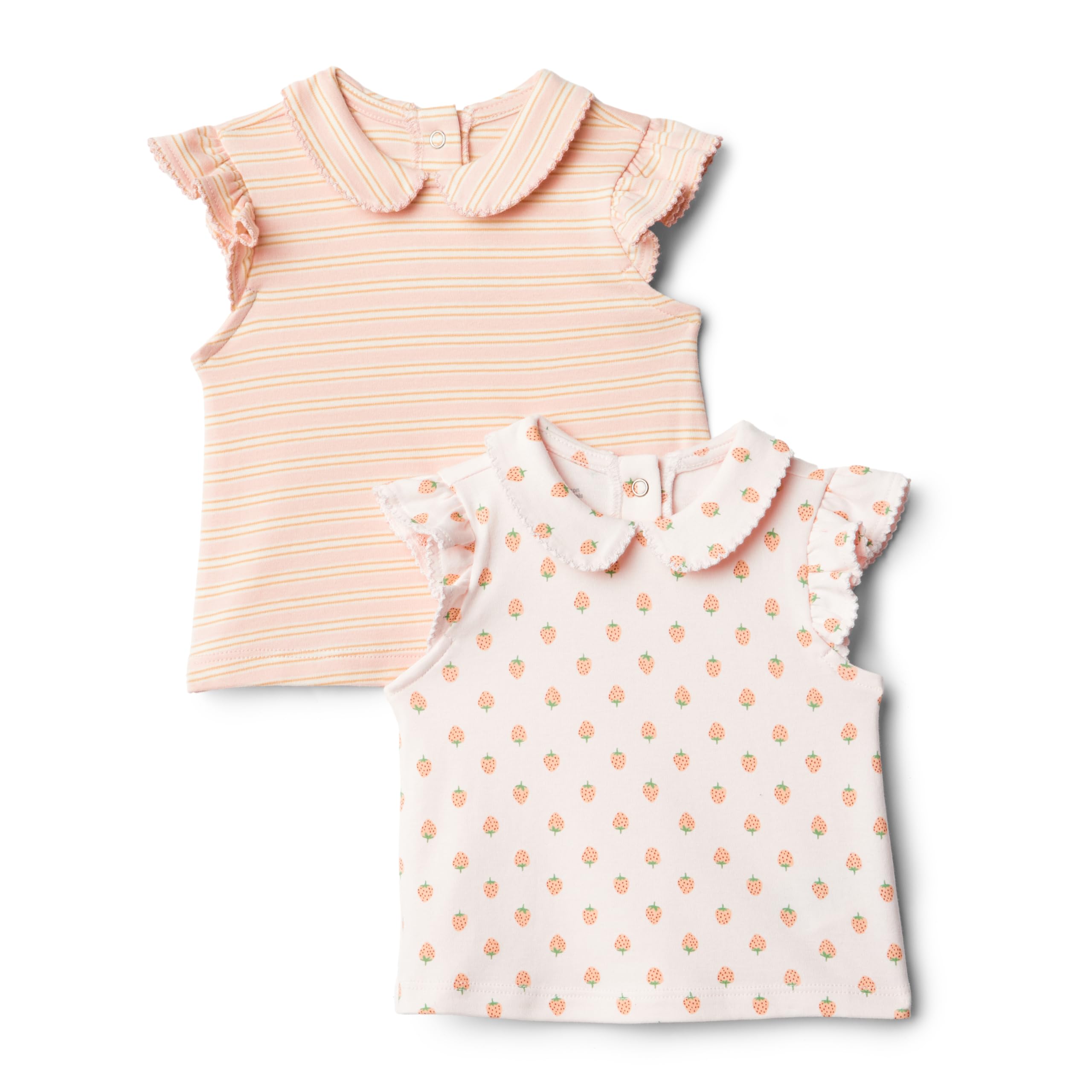 Amazon Essentials x Sofia Grainge Baby Girls' Cotton Short Sleeve Blouses with Ruffles, Pack of 2, Strawberry/Stripe, 24 Months