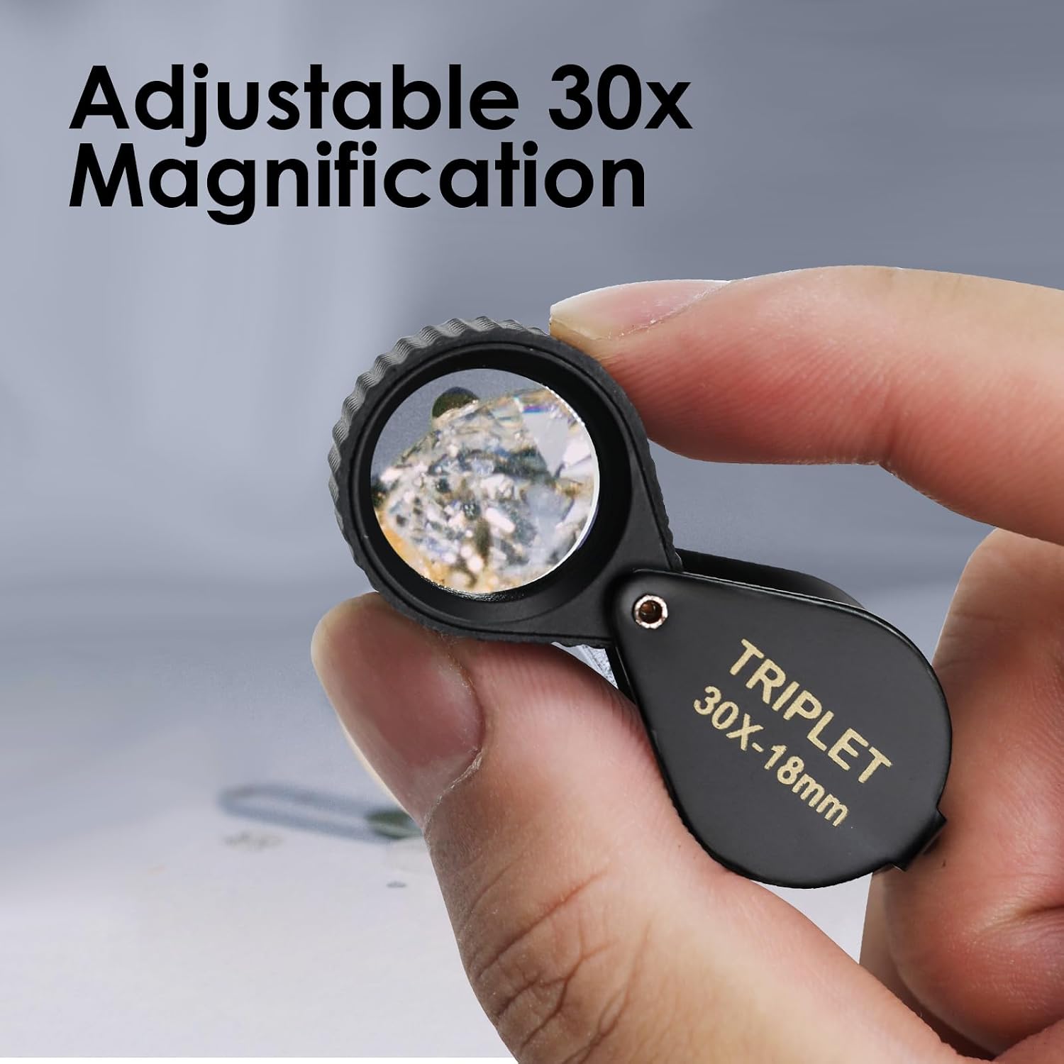 30X Triplet Jewelers Loupe Magnifier with 18mm Optical Glass Lens, Foldable Metal Gem Loupe, Achromatic Aplanatic Magnifying Tool with Lanyard Hole for Jewelry, Coins, Diamonds, Collecting
