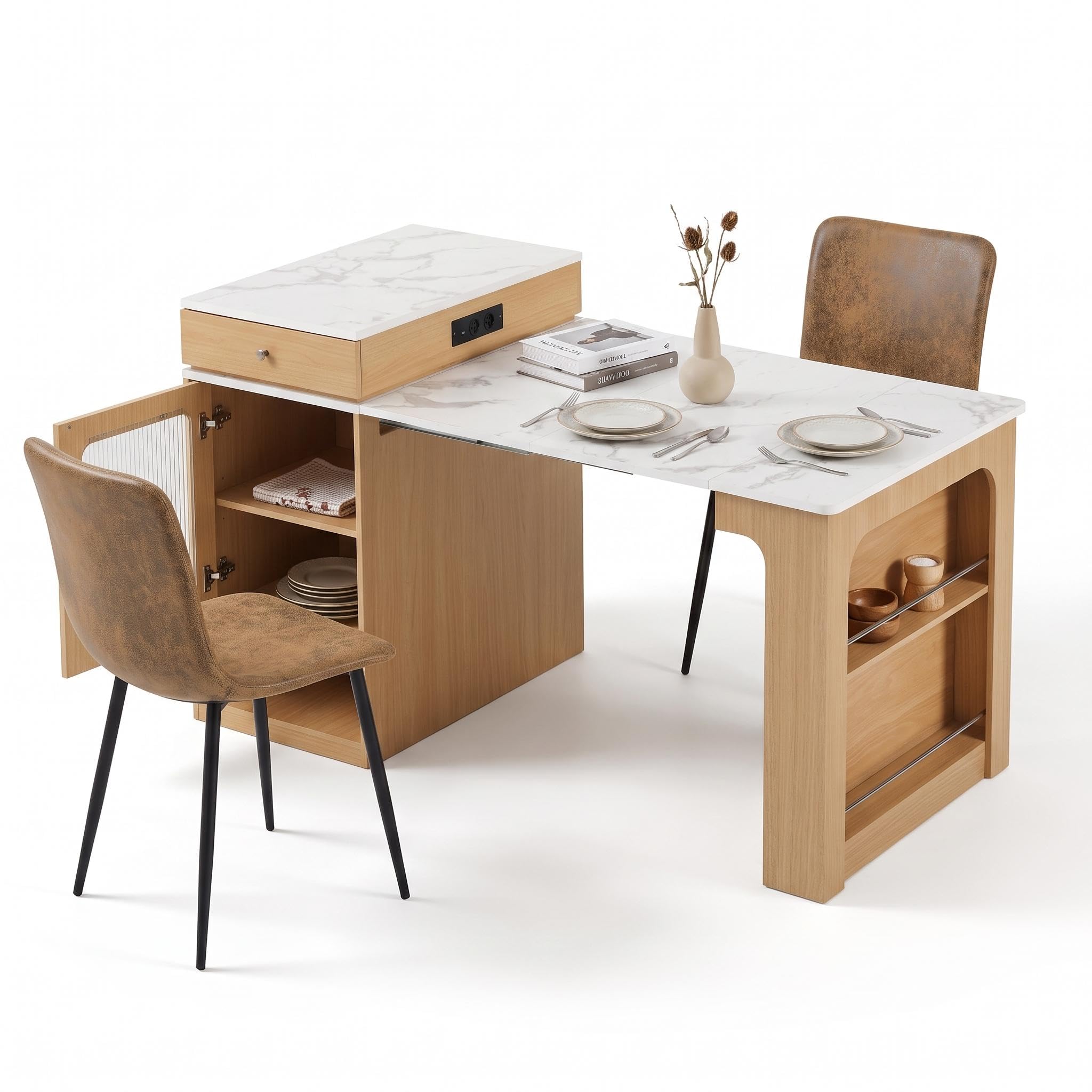 Mesa extensible de comedor con 2 sillas de madera MDF y cristal con almacenamiento