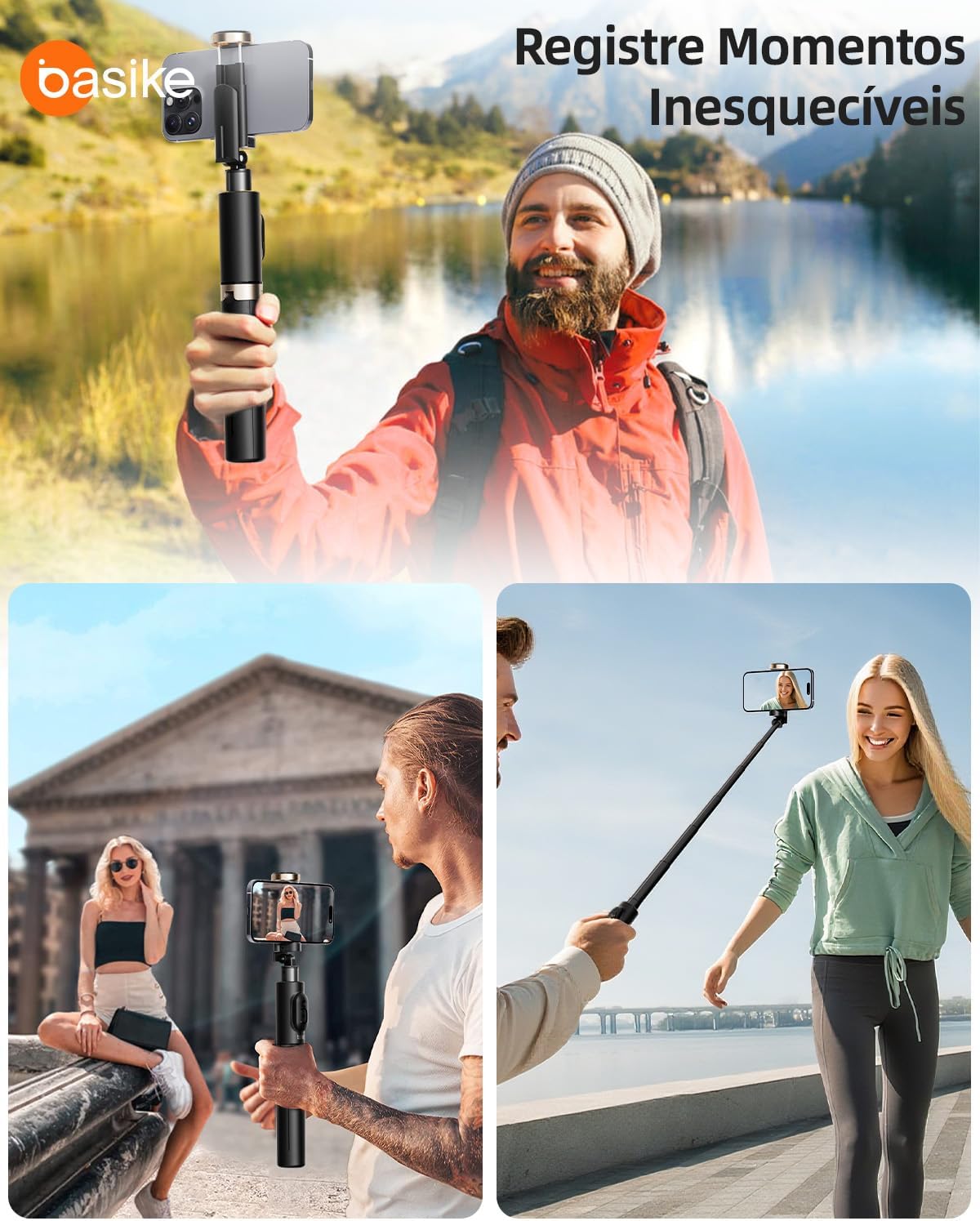 Basike Tripé para Celular 3 em 1 73cm – Bastão de Selfie Dobrável Portátil com Controle Remoto, Rotação 360°, Base Triangular Reforçada, Pau de Selfie Compatível com iPhone e Android – Preto