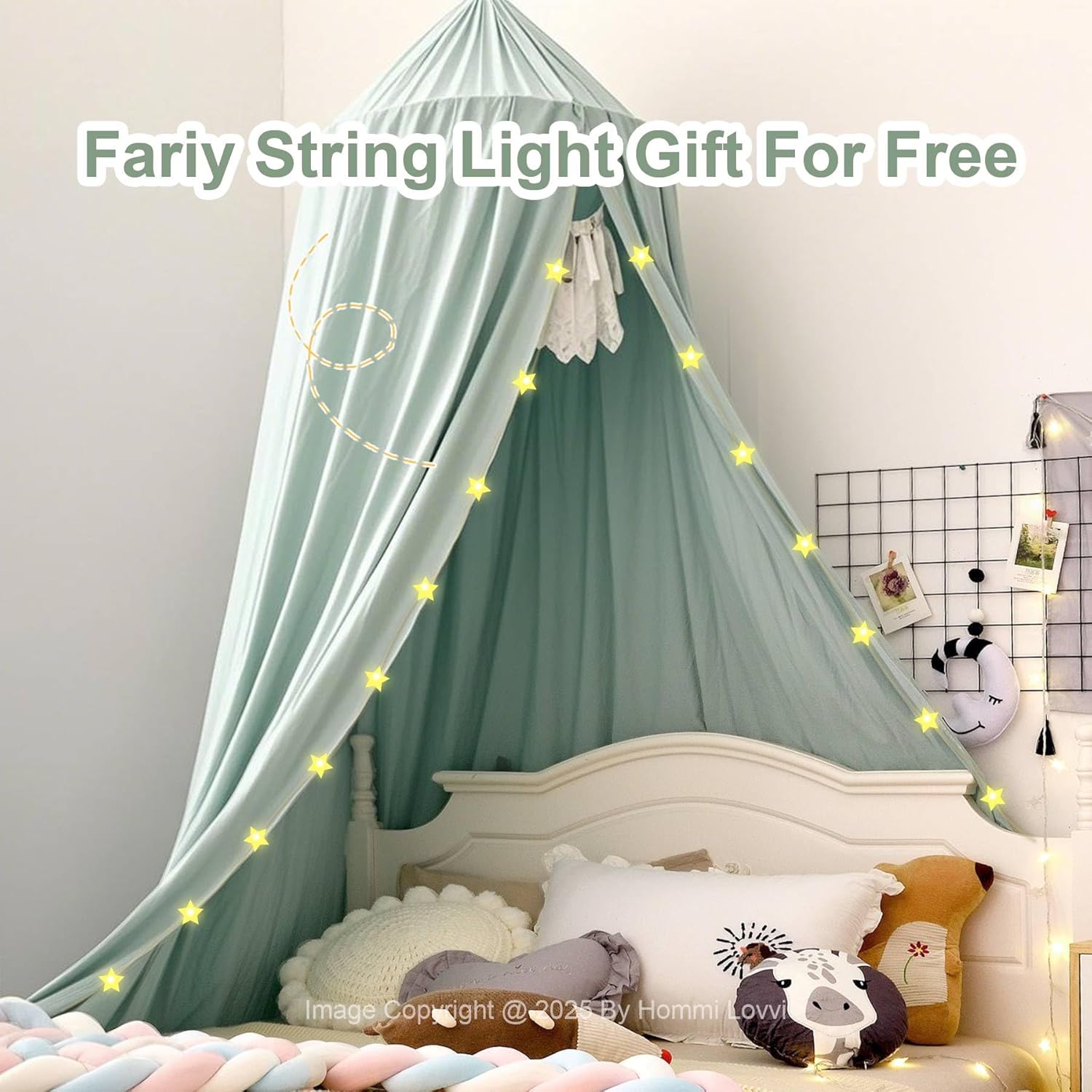 Green Bed Canopy for Girls with Light, Princess Canopy Curtains for Twin Full Queen Size Kids Bed, Canopy for Girls Bed Room Decor, Hanging Castle Ceiling Tent