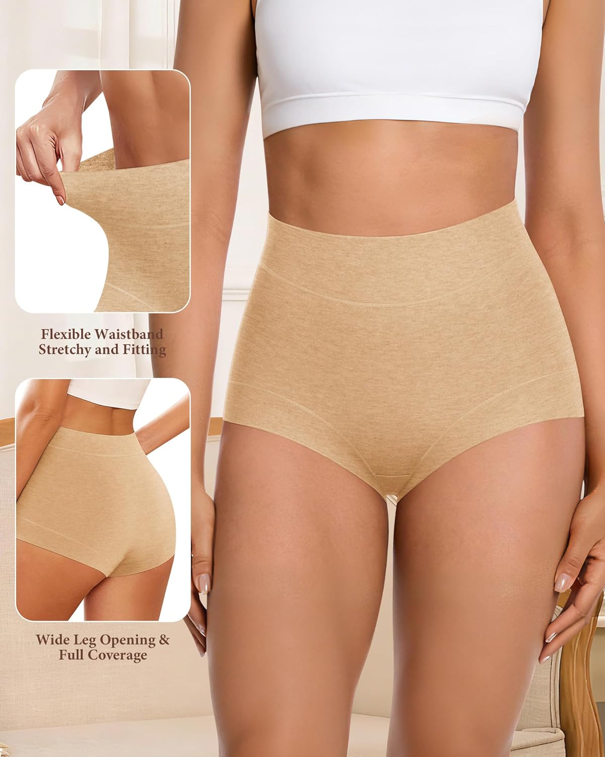 Women's Cotton Underwear, High Waisted Full Coverage Briefs, Soft Breathable Comfortable Panties, 4 Pack S-XXL - Image 5