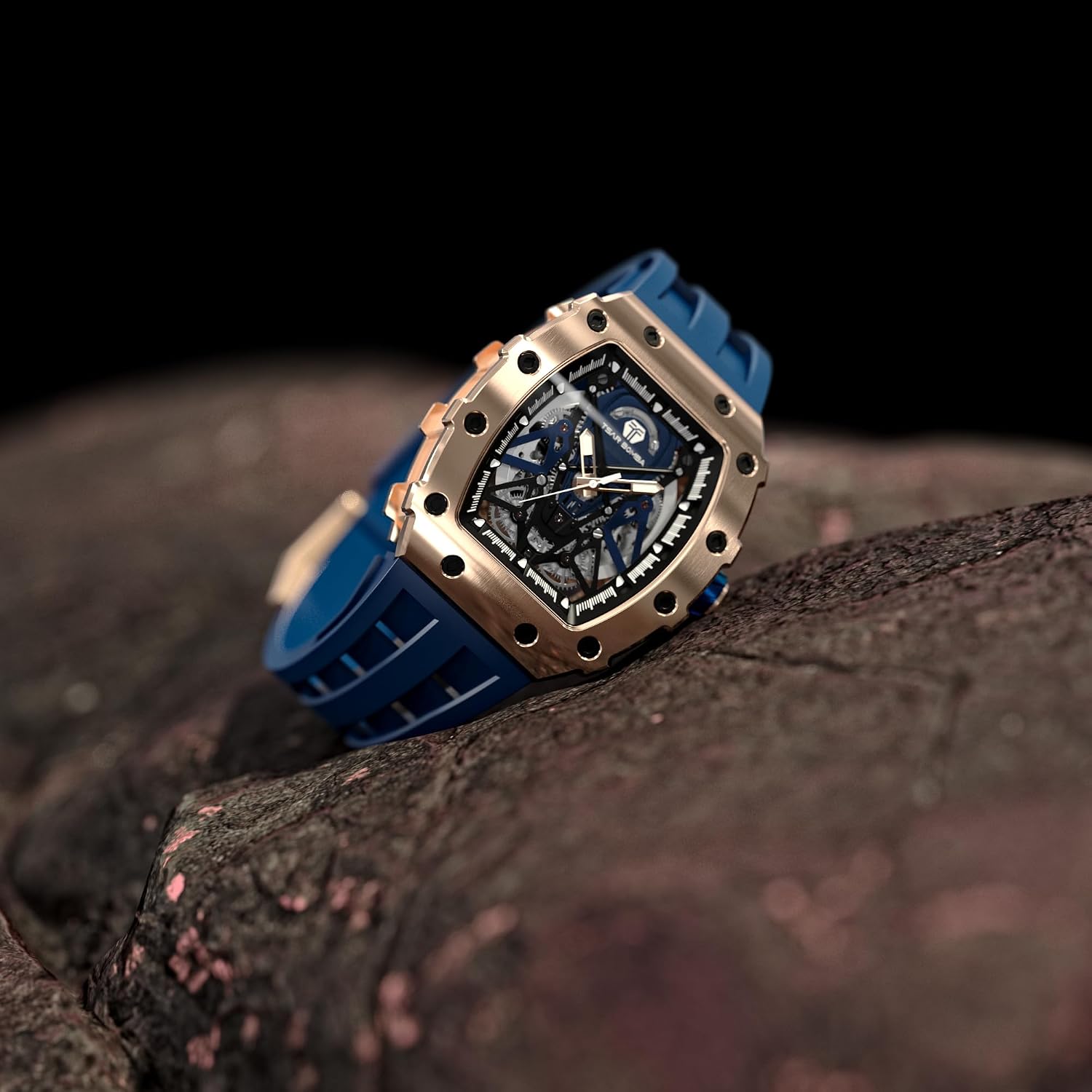 TSAR BOMBA Men's Automatic Watch Tonneau Luxury Skeleton Watches for Men Mechanical 50M Waterproof Analogue Watches Mens Unique Cool Square Big Face Dial Wristwatch with Silicone Strap Band