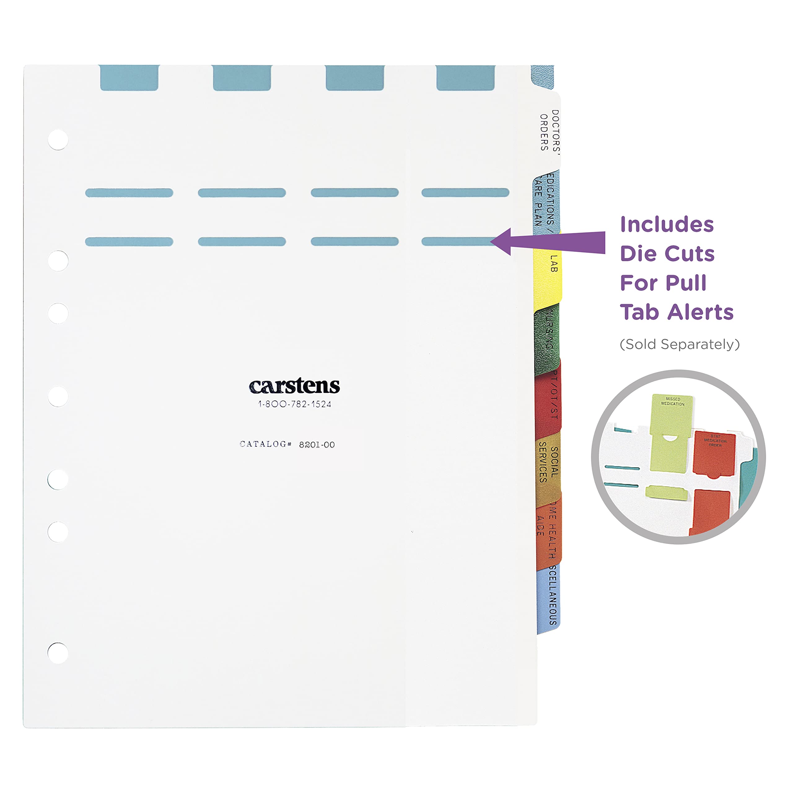 Carstens Heavy Duty Plastic at-Home Healthcare Divider Set, 8-Tab, with Pull Tab Die Cuts, Multi-Color, for Side-Opening 3-Ring and 5-Ring Binders