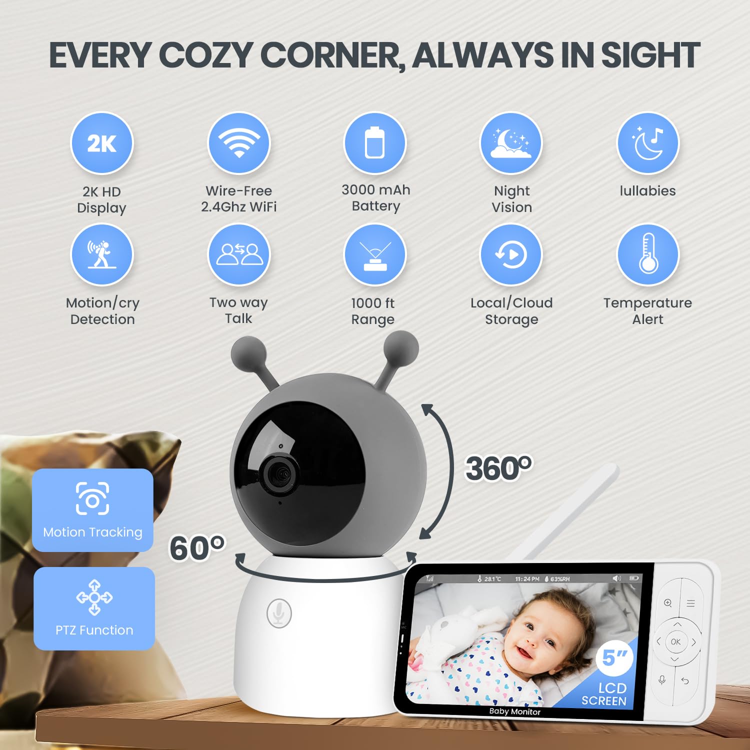 RFAQK Baby Monitor with WiFi, 2K Video Baby Camera Monitor 5" HD Screen, Night Vision - Image 3