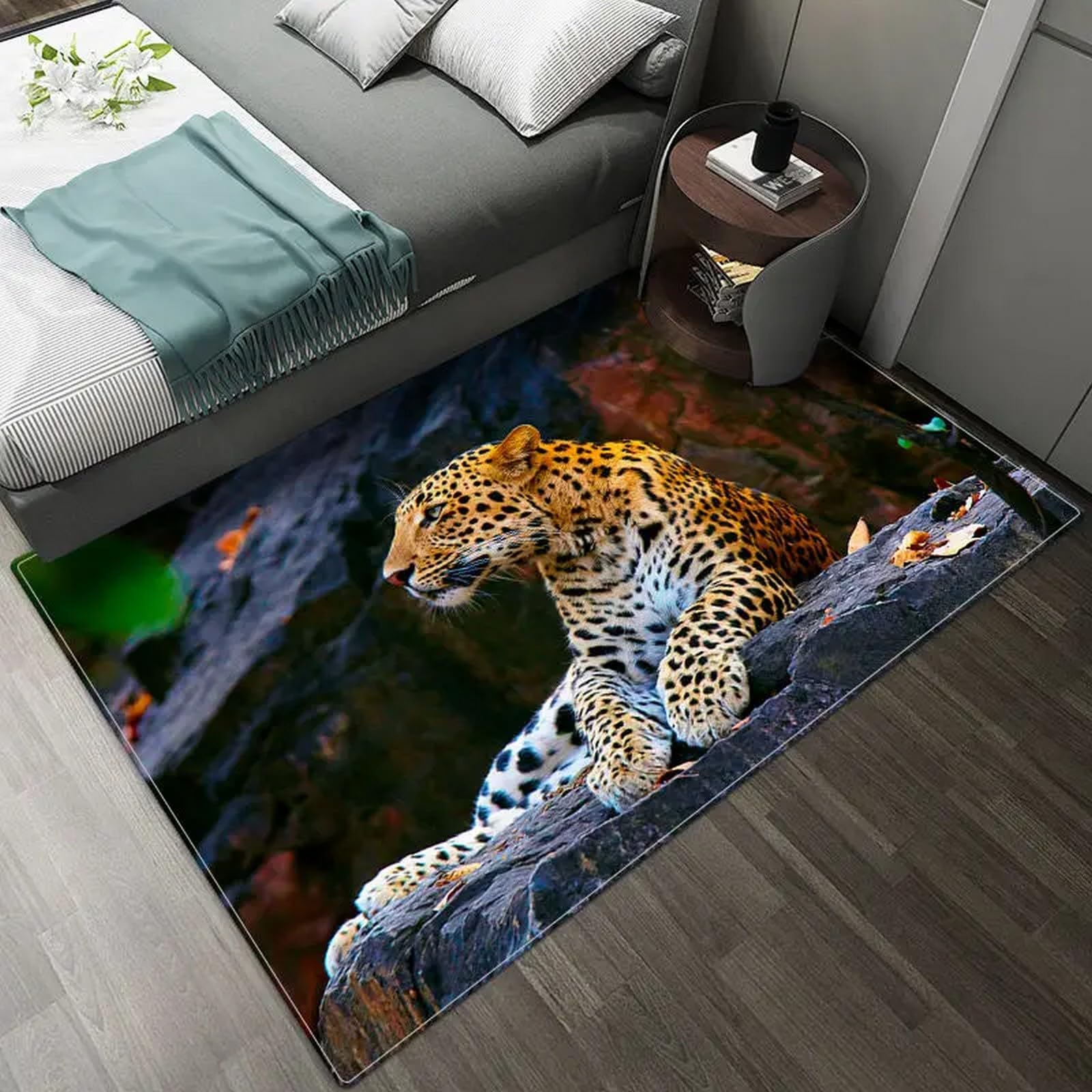 Tapis antidérapant léopard en flanelle 3D 120x160 cm pour salon et cuisine