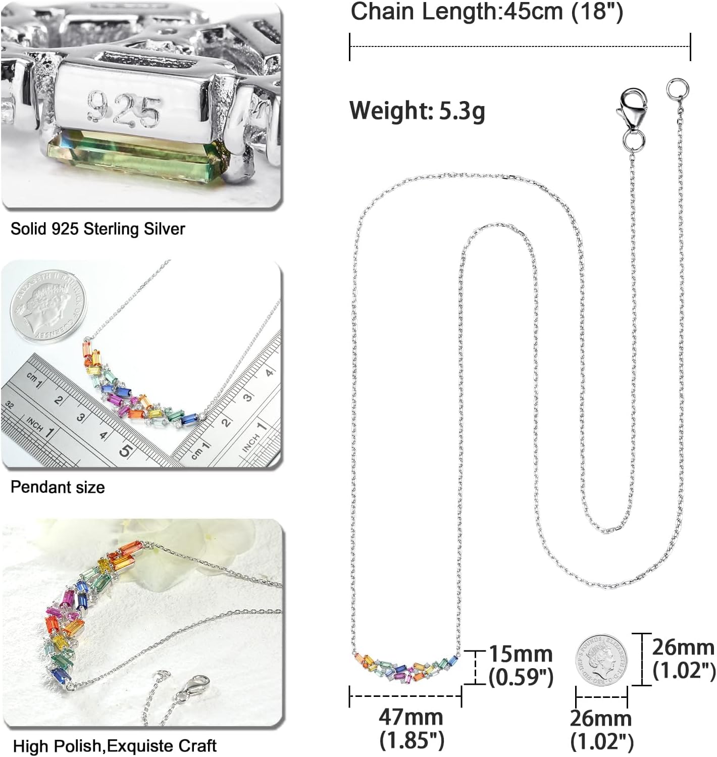 Curved Bar Baguette Necklace for Women 925 Sterling Silver Lab Created Colorful Gemstone Pendant Necklace - Image 6