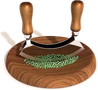 Cutting Board & Mezzaluna Knife Herb Chooper–Wooden Chopping Board & 2-Bladed Curved Herb Cutter – Round Board & Double Blade Rocker Chopper