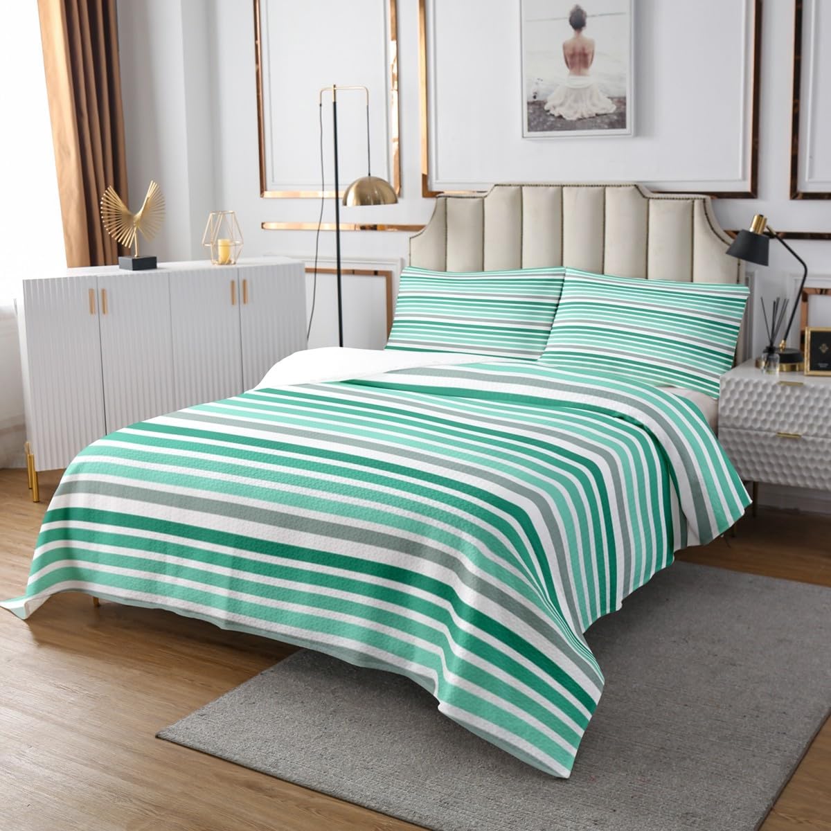 Homewish Colorful Stripes Bedspread Set Queen Size for Kids,Boys Girls Rainbow Quilt Set Line Gradient Bedspread Coverlet Stripes Art Bedspread 3 Piece Decorative Bedding Quilted with 2 Pillow Shams