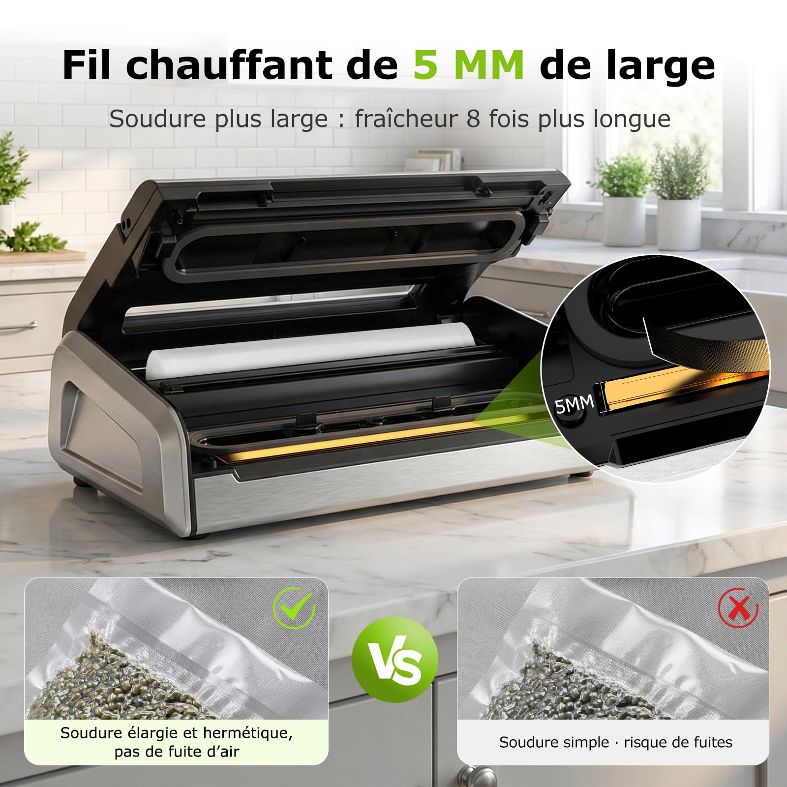 Bonsenkitchen Machine Sous Vide, Soudure Large 5mm Anti-Fuite, Acier Inoxydable, Une Main & Pulse Sec/Humide, Machine Sous Vide Haute Performance incl. 1 Rouleau & 10 Sachets, VS4200