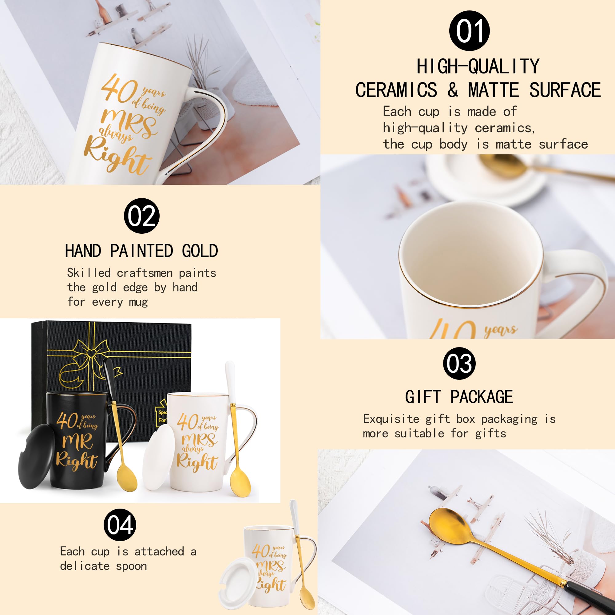 40th Wedding Gifts, 40th Anniversary Engagement Gift Ideas, 40 Years of Being Mr & Mrs Always Right Mug Set, Wedding Gifts Ideas for Couple Parents, 14 Oz with Lids and Gift Box