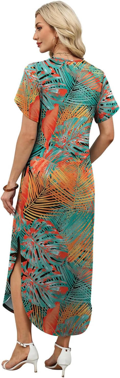 WIHOLL Summer Dresses for Women Short Sleeve Maxi Dresses V Neck Sundress with Side Slit Pockets Casual Beach Dress