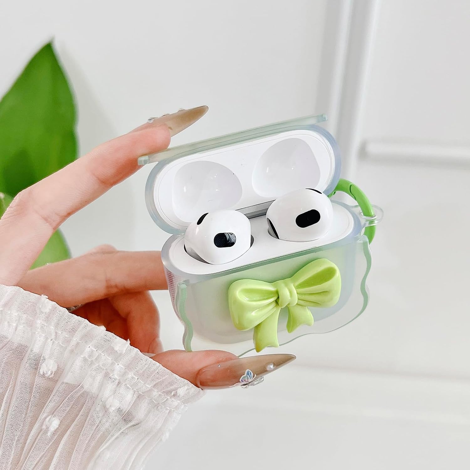 Cute AirPods 3rd Gen Clear Case Green, Girly Bow Design Soft TPU Protective Shockproof Kawaii Airpods 3rd Generation Skin Cover with Cleaner Kit & Keychain Girls Women for Apple iPod 3 Gen image 2