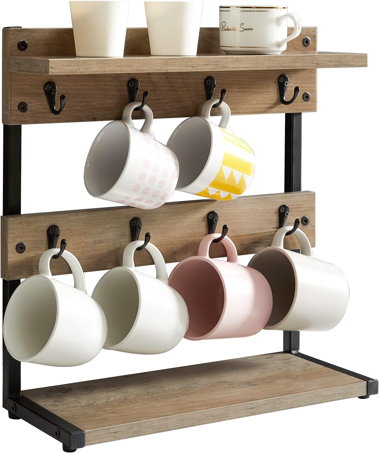 Ibuyke Rustic Coffee Mug Holder Stand, 2 Tier Countertop Mug Tree Holder Rack With Storage Base, Vintage Mug Holders For Kitchen, Holds 8 Mugs, Greige Utbj002Y - Engineered Wood, Tiered Shelf