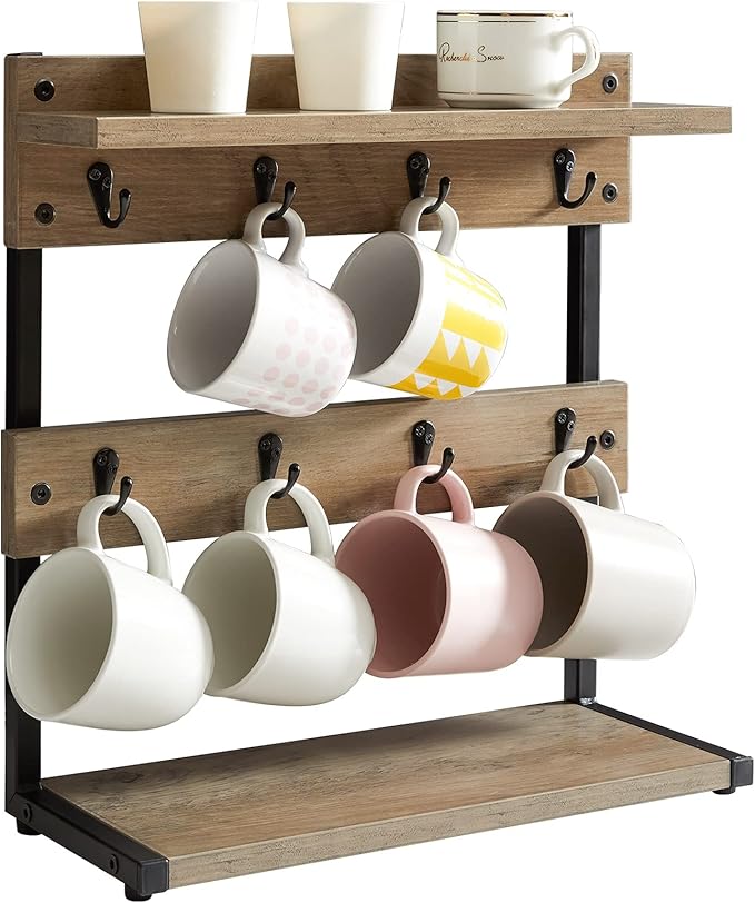 IBUYKE Rustic Coffee Mug Holder Stand, 2 Tier Countertop Mug Tree