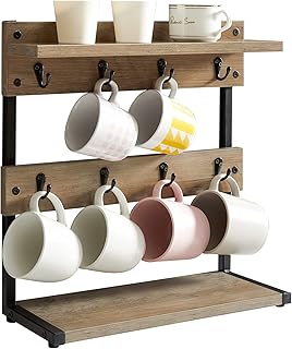 Ibuyke Rustic Coffee Mug Holder Stand, 2 Tier Countertop Mug Tree Holder Rack With Storage Base, Vintage Mug Holders For Kitchen, Holds 8 Mugs, Greige Utbj002Y - Engineered Wood, Tiered Shelf