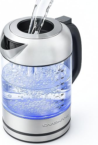 OVENTE Hervidor eléctrico, 1500 W, sin plástico, 1.8 L, caldera de agua caliente para café o té, tapa fácil de llenar, apagado automático, vidrio de