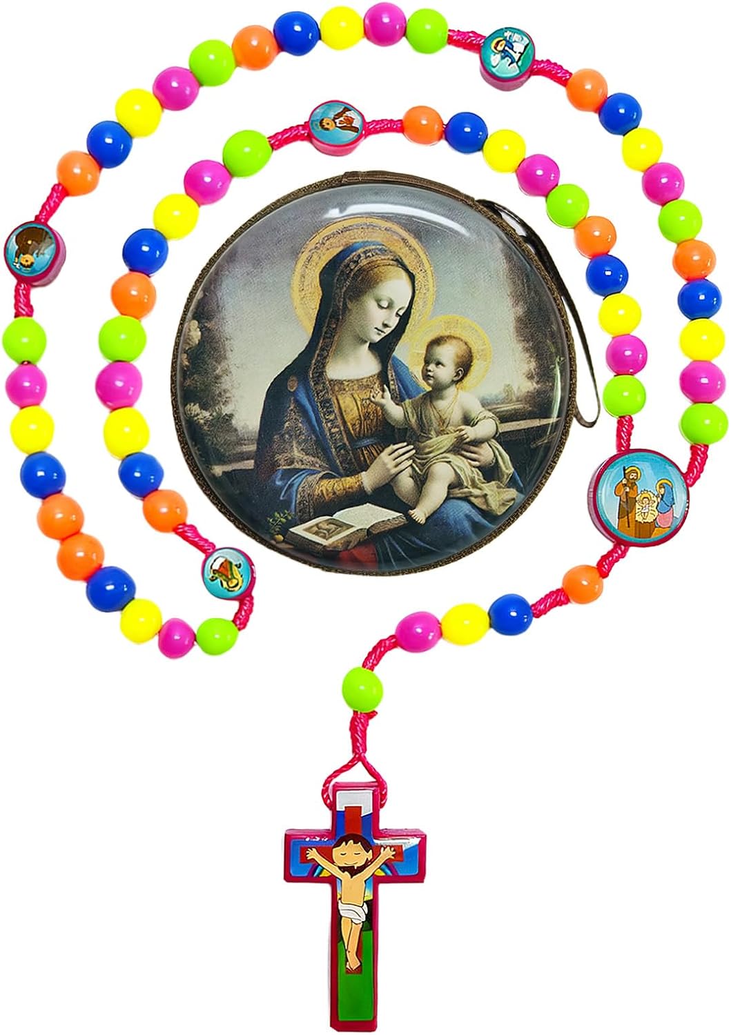 Rosary Beads Rosarios Catolicos, Colorful Plastic with Blue and Red Pendant Crosses, Pocket for Women with Rosary Box, Baptism Easter Gifts