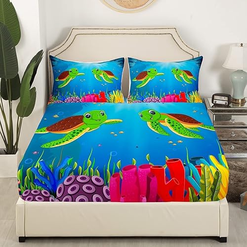 Miniatura 3 de Juego de sábanas de tortuga marina de dibujos animados con estampado de animales de reptil para niños y niñas, decoración marina del océano, juego