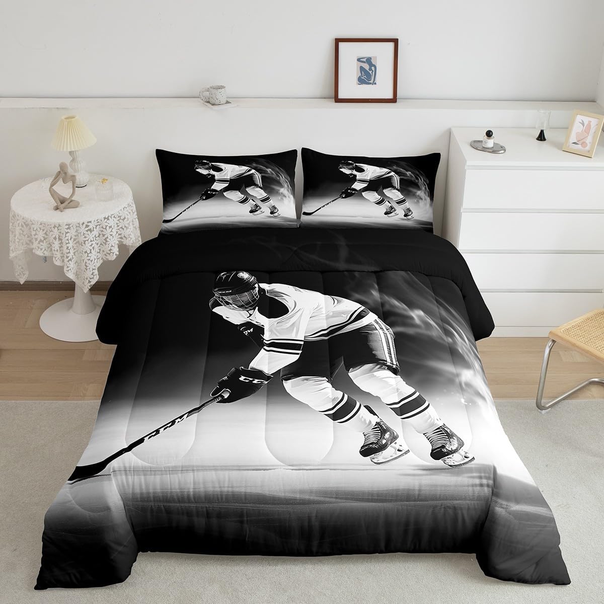 Ice Hockey Queen Comforter Set Gifts for Boys,Pucks Winter Sports Games Themed Bedding,Hockey Player Down Comforter,Hobby Activity Competitive Games Quilt Retro Vintage Room Decor Black Grey