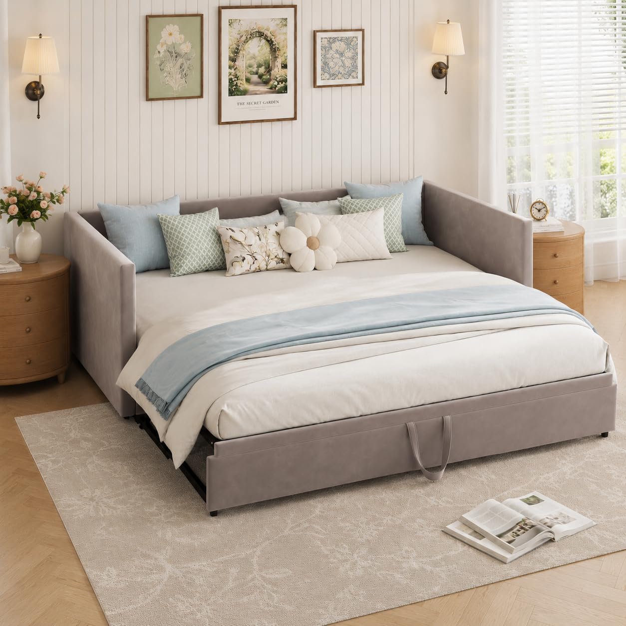 Gepolstertes Schlafsofa 90/180x200 cm, Tagesbett Ausziehbar mit Schlaffunktion, Bett Ausziehbar zum Doppelbett, Ausziehbett mit Lattenrost, Multifunktionsbett, Samt, Grau (Grau, 90/180 * 200)