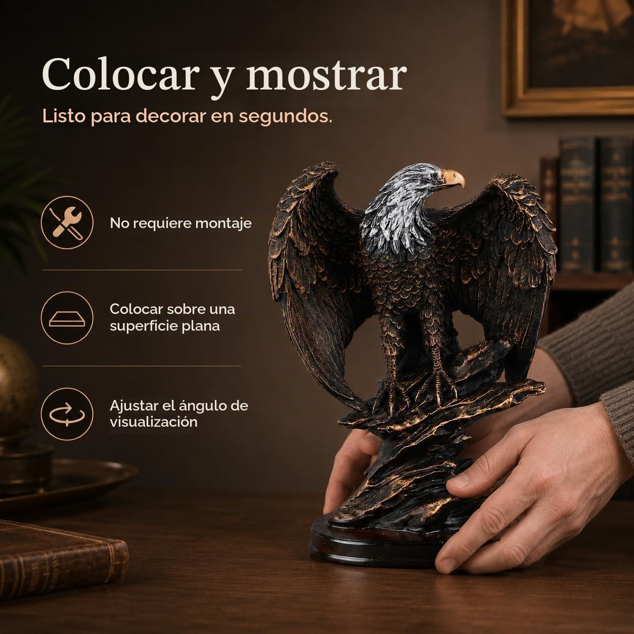 Escultura de águila de resina, estatua de águila dorada, estatua de águila de resina, estilo retro, detalles ricos, color bronce, base estable, patriótica