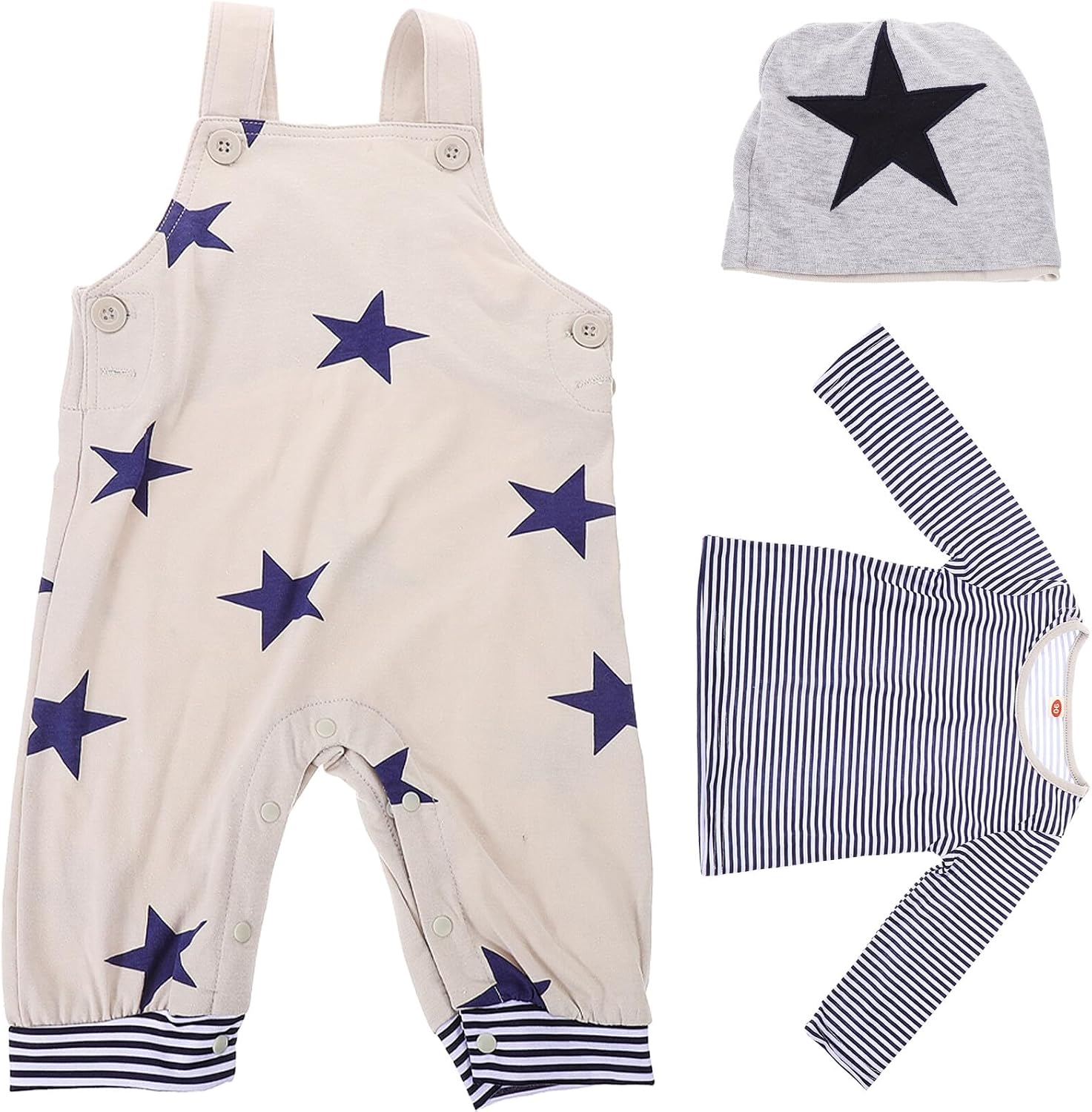 Star Pattern Suspender Pants Set with Long Sleeve T-shirt and Hat, Breathable Cotton Spring Clothing Suit for Boys, Size 80, Festival Outfit