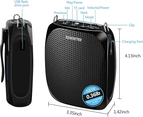 Miniatura 8 de ZOWEETEK Mini amplificador de voz recargable portátil con micrófono con cable y cintura soporta audio en formato MP3 para profesores cantos