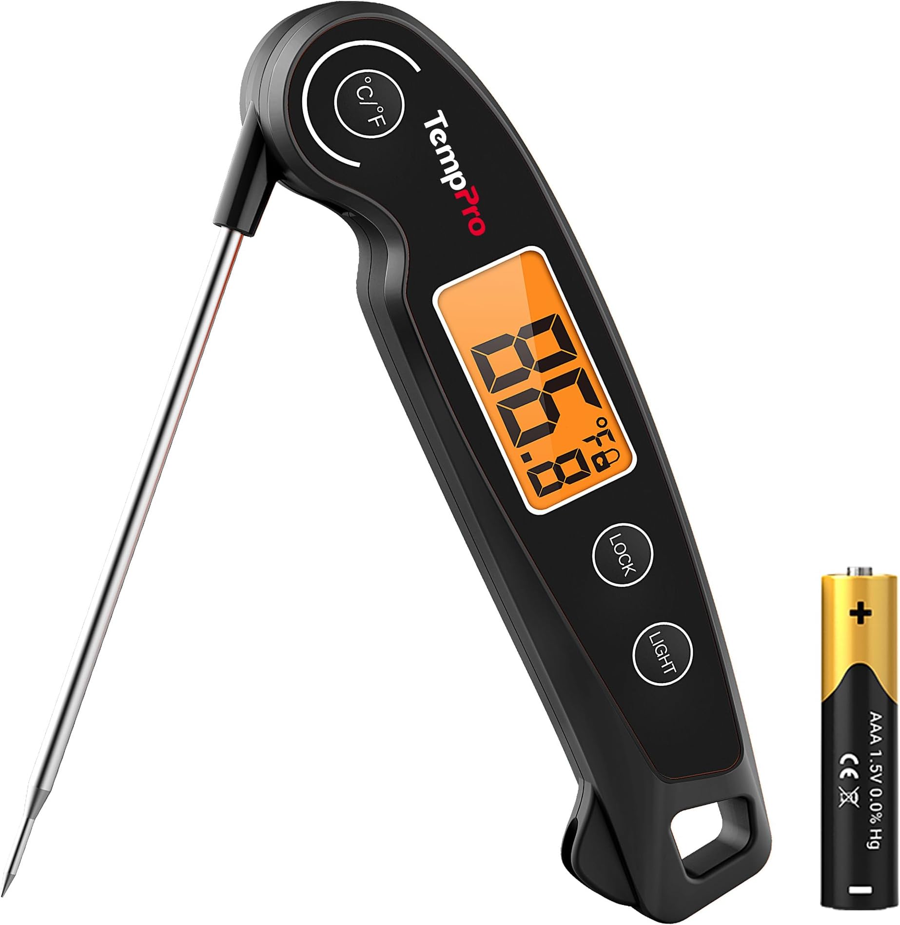 TempPro TP605 Instant Read Meat Thermometer for Cooking, Waterproof Digital Food Thermometer with Large Backlit LCD, Kitchen Thermometer for Grilling, Smoking & Candy Making (Previously ThermoPro)