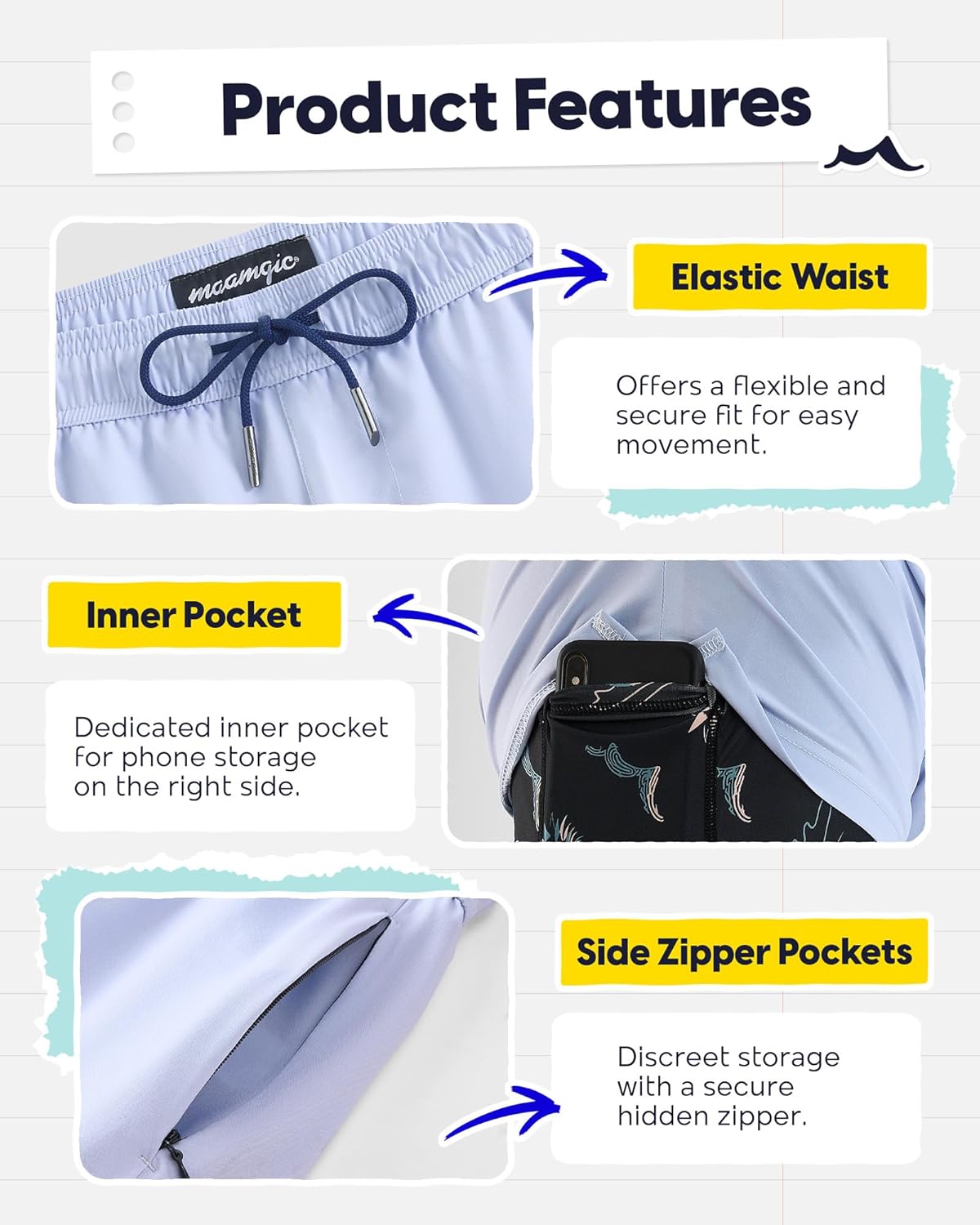 maamgic Mens Swim Trunks with Compression Liner 5 Inch, Quick Dry Bathing Suit with Zipper Pockets, No-Chafing Swim Shorts thumbnail