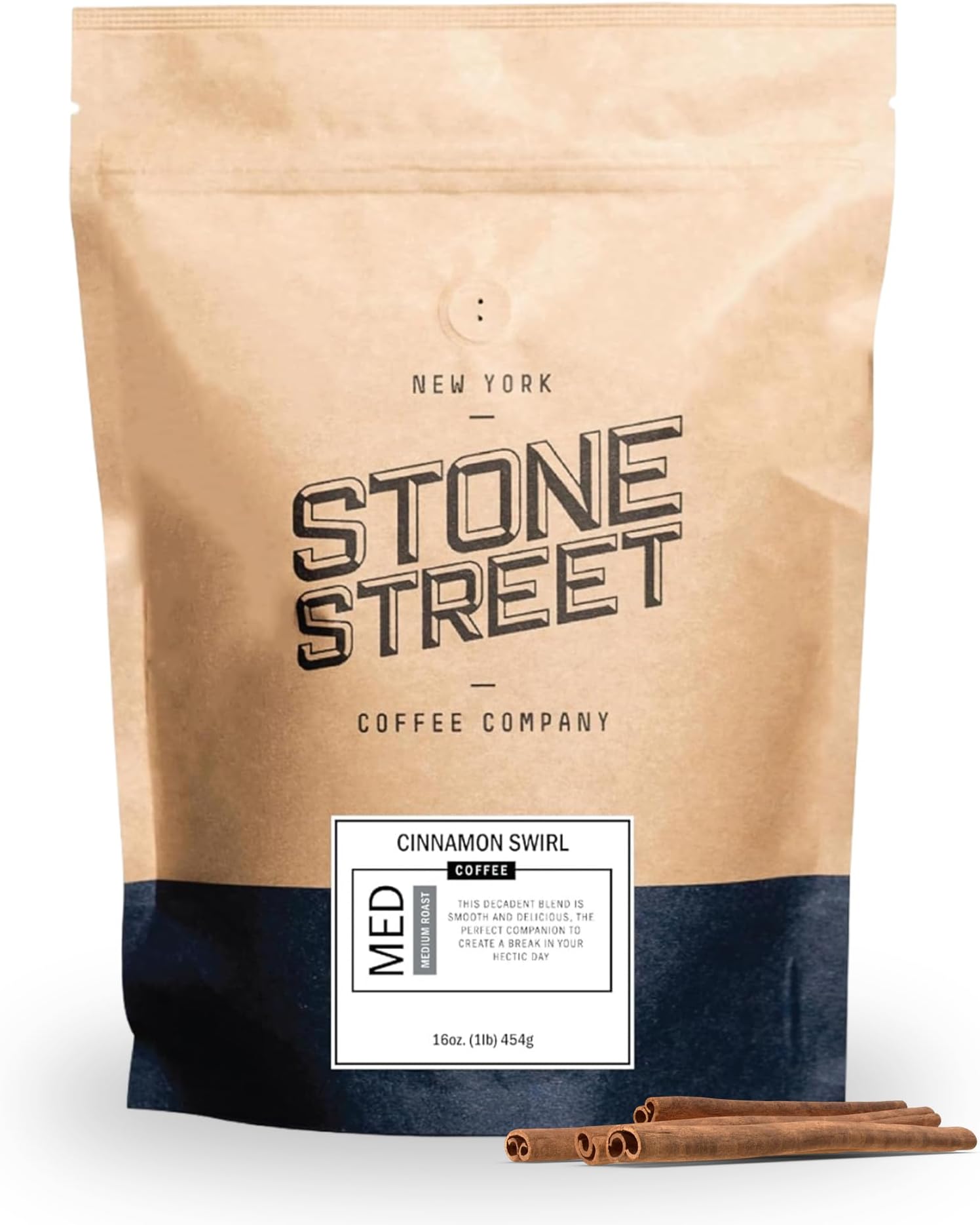 Stone Street Flavored Ground Coffee, Cinnamon Swirl, Freshly Roasted, 100% Colombian Arabica, Gourmet Coffee, Medium Roast, Sweet Cinnamon Roll Flavor, 1 LB