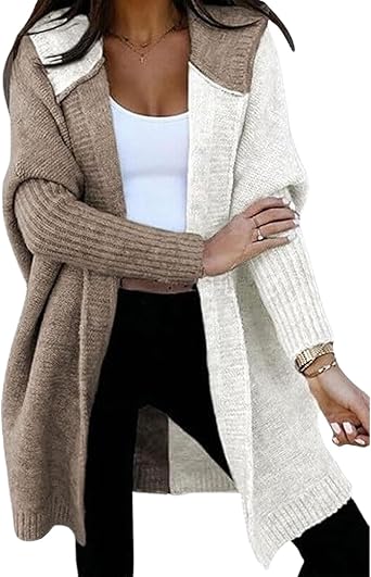 Women Hooded Cardigan Sweaters Color Block Long Sleeve Knit Sweater Coat Casual Open Front Oversized Cardigan Jacket